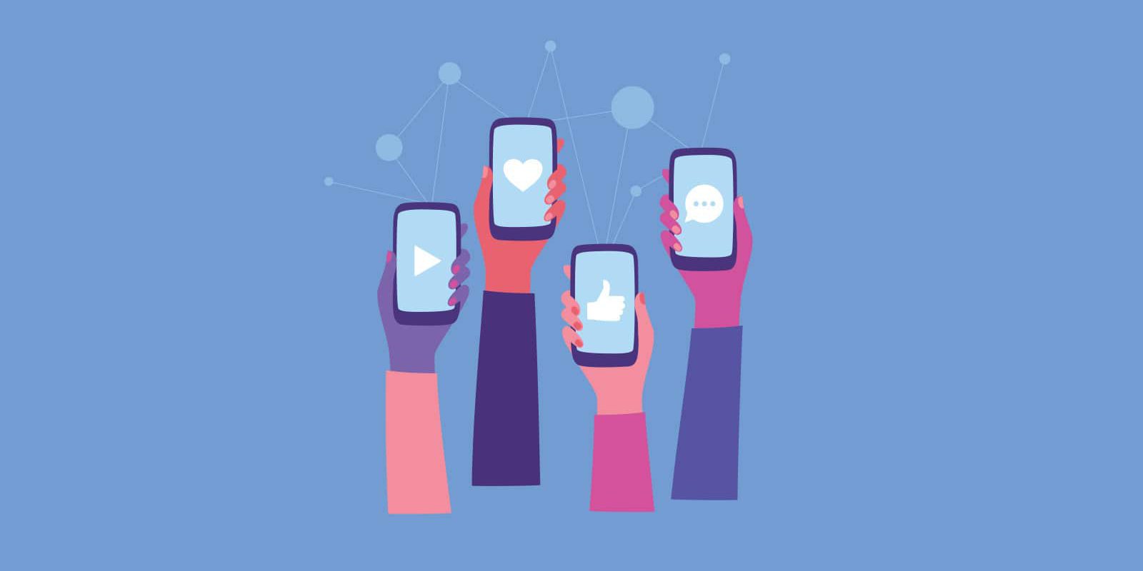 Illustration of hands holding mobile phones with different social media platforms