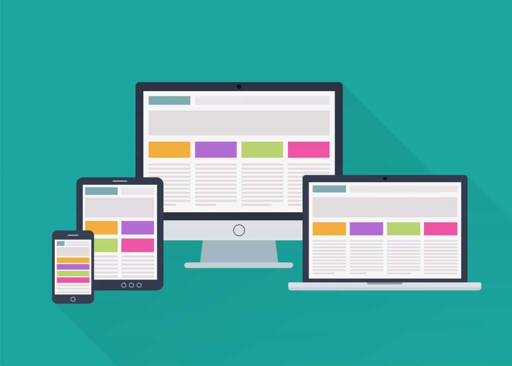 Image shows website sizing on a variety of different screen types and sizes. this includes a phone, tablet, laptop, and desktop computer.