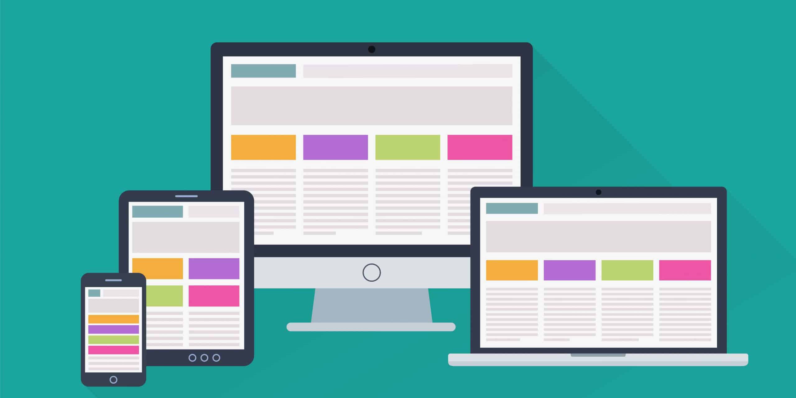 Shutterstock_1261821757 Image shows website sizing on a variety of different screen types and sizes. this includes a phone, tablet, laptop, and desktop computer.