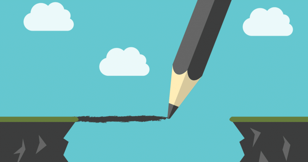 there are two cliffs that are being connected by a line being drawn be a large pencil