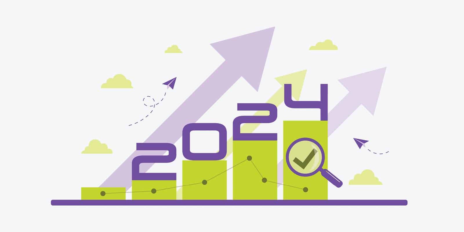 bar graph, arrows and magnifying glass with the year 2024